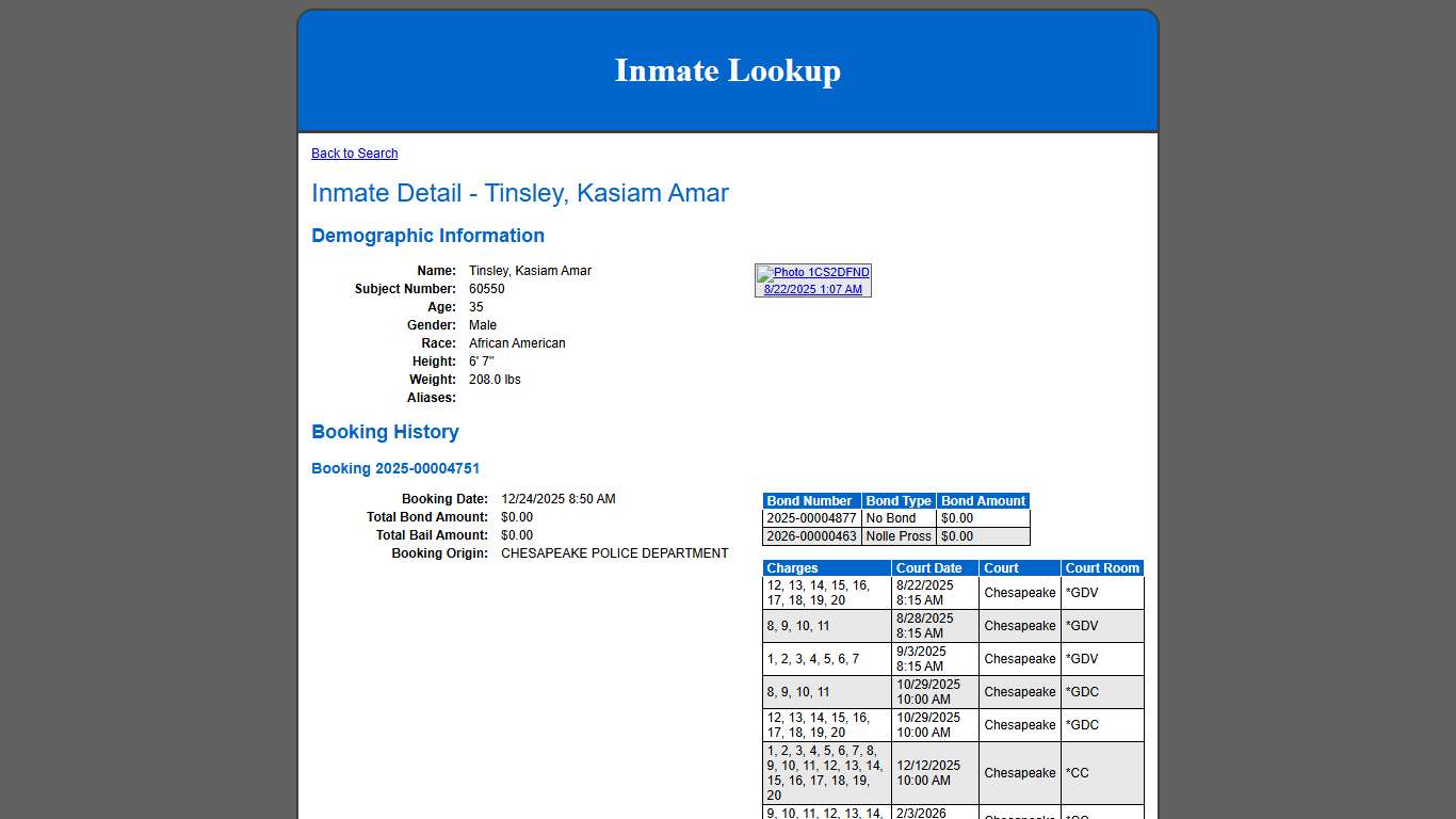 Inmate Detail - Tinsley, Kasiam Amar