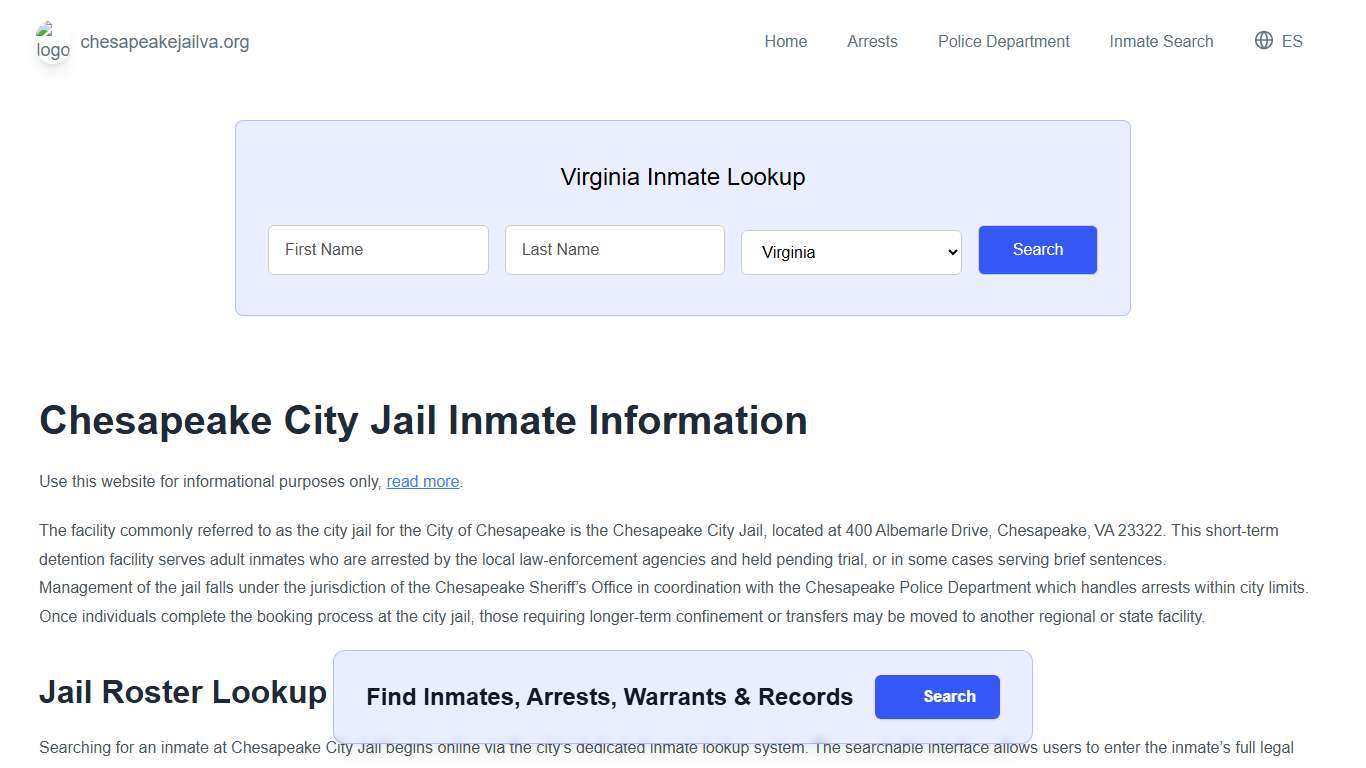 Chesapeake Jail, VA Inmate Roster, Municipal Jail Info